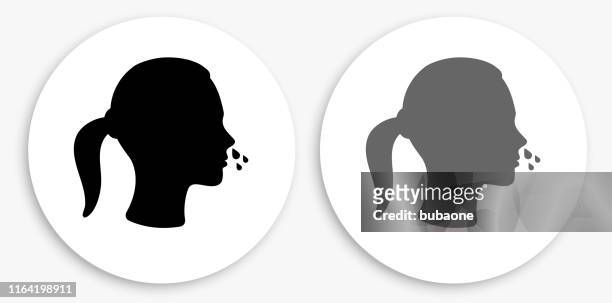 ilustraciones, imágenes clip art, dibujos animados e iconos de stock de icono redondo blanco y negro de la nariz risado - woman blowing nose
