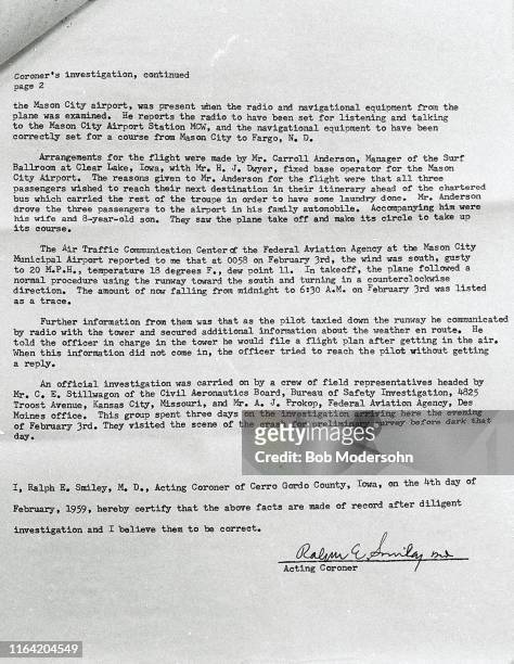 Official coroner’s investigation report into the February 3, 1959 air crash that killed Buddy Holly, Ritchie Valens and The Big Bopper , filed by...