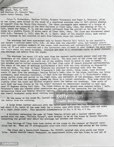 Official coroner’s investigation report into the February 3, 1959 air crash that killed Buddy Holly, Ritchie Valens and The Big Bopper, filed by...