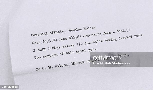 Note listing personal effects on Buddy Holly’s body after his death in a 1959 plane crash, found by Wilcox Funeral Home, including money, minus the...