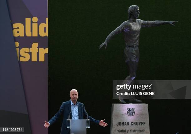 Johan Cruyff´s son, Jordi Cruyff, gives a speech during the presentation of a statue of late Barcelona Dutch player Johan Cruyff at the Johan Cruyff...