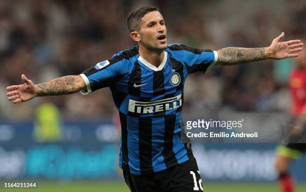 Stefano Sensi of FC Internazionale celebrates his goal during the Serie A match between FC Internazionale and US Lecce at Stadio Giuseppe Meazza on...