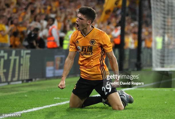 Ruben Vinagre of Wolverhampton Wanderers celebrates scoring the Wolves second goal during the UEFA Europa League Second Qualifying round 1st Leg...
