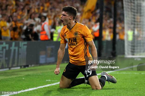 Ruben Vinagre of Wolverhampton Wanderers celebrates scoring the Wolves second goal during the UEFA Europa League Second Qualifying round 1st Leg...