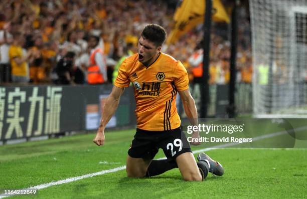 Ruben Vinagre of Wolverhampton Wanderers celebrates after scoring their second goal during the UEFA Europa League Second Qualifying round 1st Leg...