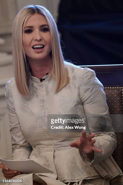 Advisor to the President and first daughter Ivanka Trump speaks during a State Dining Room event to mark the one year anniversary of the “Pledge to...