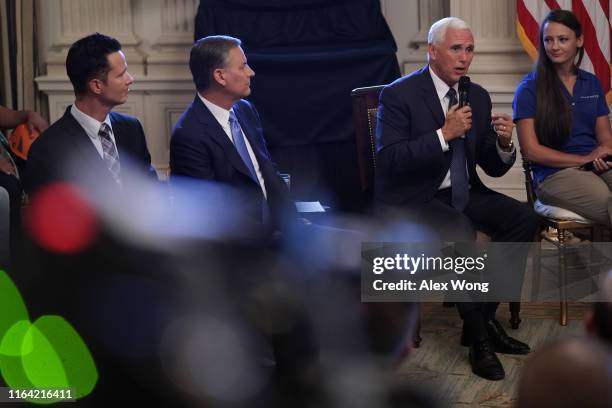 Vice President Mike Pence speaks during a State Dining Room event to mark the one year anniversary of the “Pledge to America’s Workers” July 25, 2019...