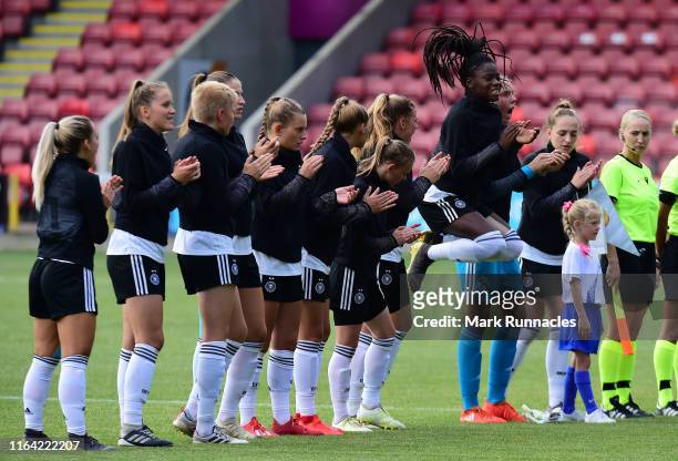 The Germany team ready for the game after the national anthems during the UEFA Women'sU-19 European Championship Semi Final match between Netherlands...