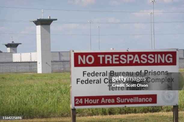 Sign warns away trespassers at the Federal Correctional Complex Terre Haute on July 25, 2019 in Terre Haute, Indiana. Today U.S. Attorney William...