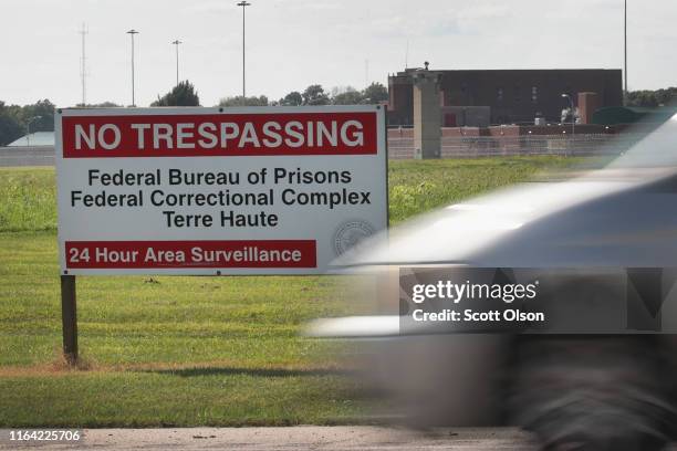 Sign warns away trespassers at the Federal Correctional Complex Terre Haute on July 25, 2019 in Terre Haute, Indiana. Today U.S. Attorney William...