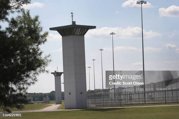 Guard towers rise above the grounds of the Federal Correctional Complex Terre Haute on July 25, 2019 in Terre Haute, Indiana. Today U.S. Attorney...