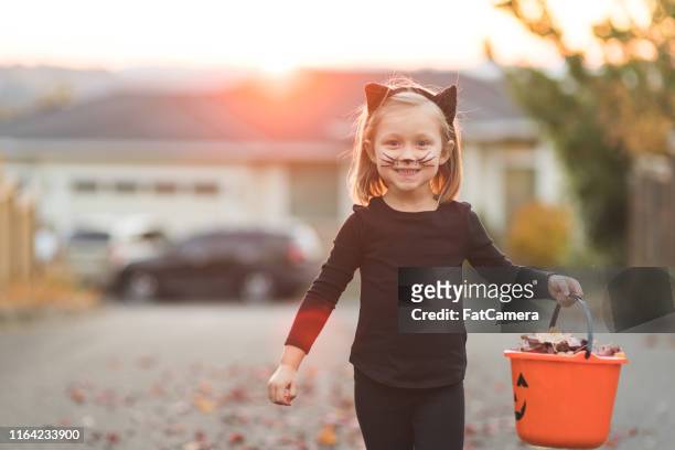 jong meisje in zwarte kat kostuum gaat truc of behandelen - halloween cats stockfoto's en -beelden