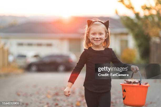 年輕的女孩在黑服裝去欺騙或治療 - halloween cats 個照片及圖片檔