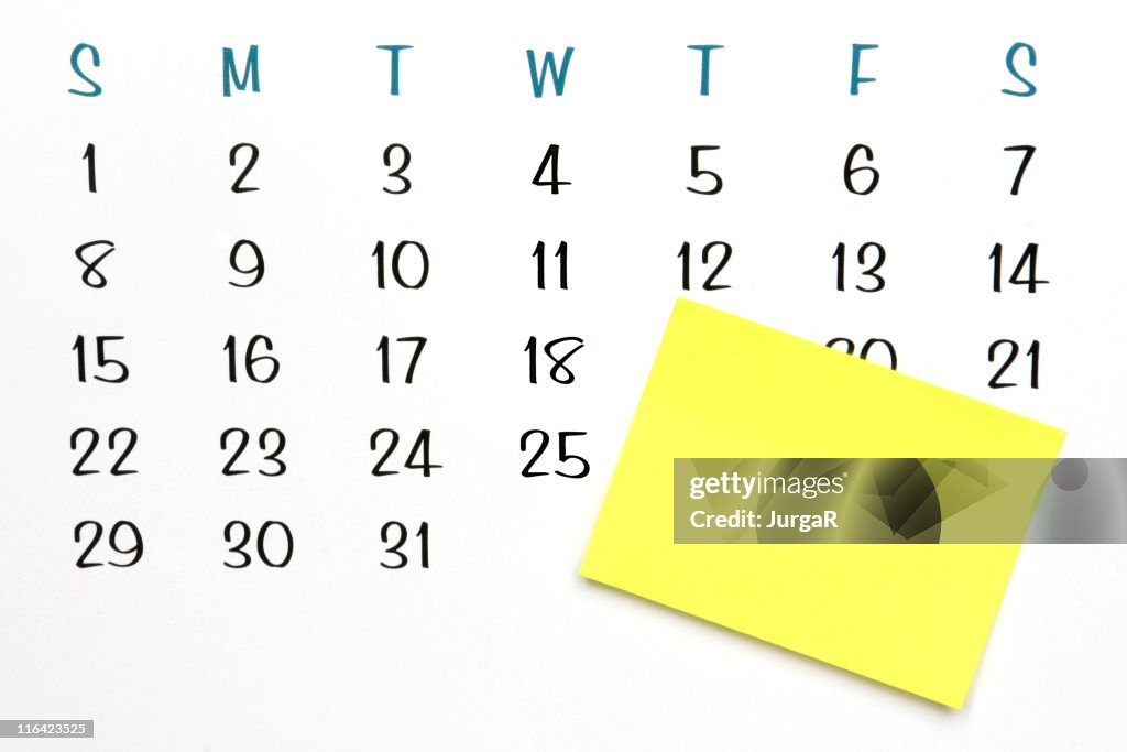 Calendário mensal branco com vazio amarelo Post-it