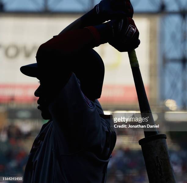 Jorge Polanco of the Minnesota Twins stands in the on-deck circle waiting to bat against the Chicago White Sox at Guaranteed Rate Field on July 25,...