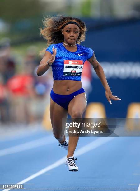 Sha'Carri Richardson competes in the opening round of the 100 meter during the USATF Outdoor Championships at Drake Stadium on July 25, 2019 in Des...