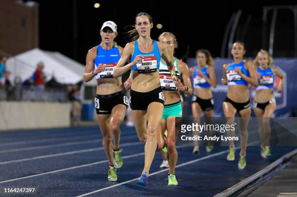 Molly Huddle runs to victory in the final of the 10,00 meter during the 2019 USATF Outdoor Championships at Drake Stadium on July 25, 2019 in Des...
