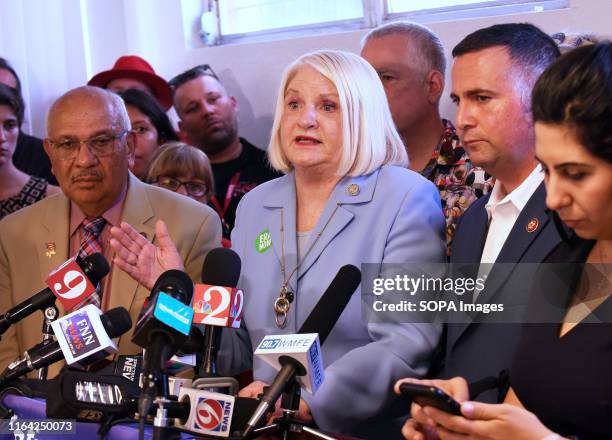 Florida State Sen. Linda Stewart, flanked by Florida State Sen. Victor Torres , U.S. Rep. Darren Soto , and Florida Rep. Anna Eskamani speaks during...