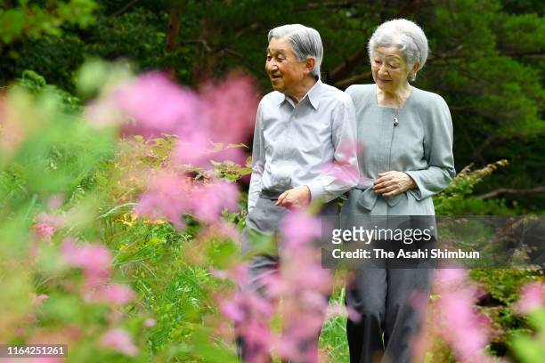 Emperor Emeritus Akihito and Empress Emerita Michiko stroll at the Nasu Imperial Villa on July 25, 2019 in Nasu, Tochigi, Japan.