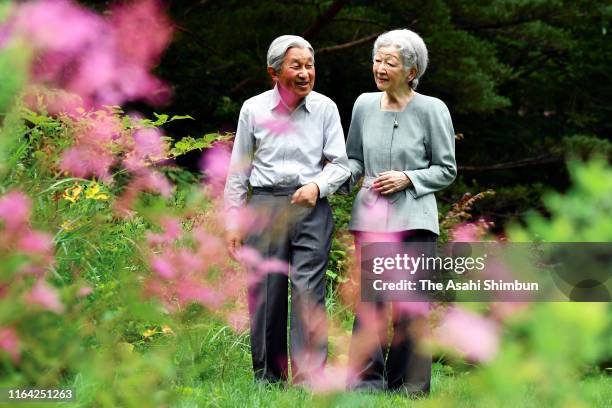 Emperor Emeritus Akihito and Empress Emerita Michiko stroll at the Nasu Imperial Villa on July 25, 2019 in Nasu, Tochigi, Japan.