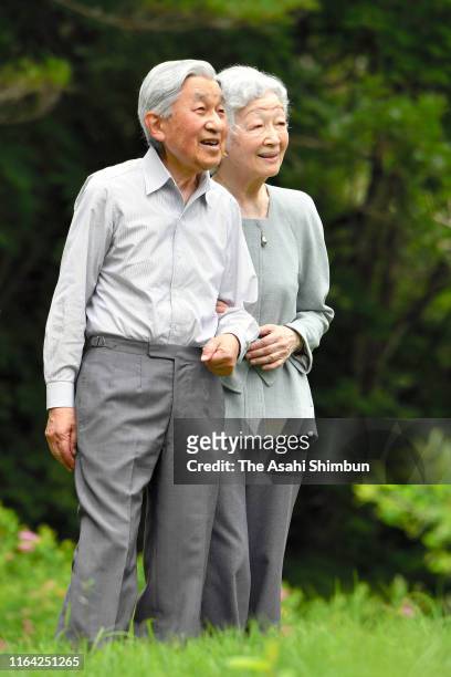 Emperor Emeritus Akihito and Empress Emerita Michiko stroll at the Nasu Imperial Villa on July 25, 2019 in Nasu, Tochigi, Japan.