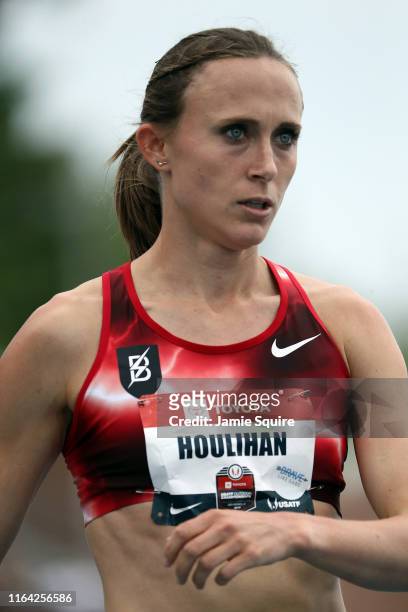 Shelby Houlihan reacts after competing in the Women's 1500 Meter Run heat during the 2019 USATF Outdoor Championships at Drake Stadium on July 25,...