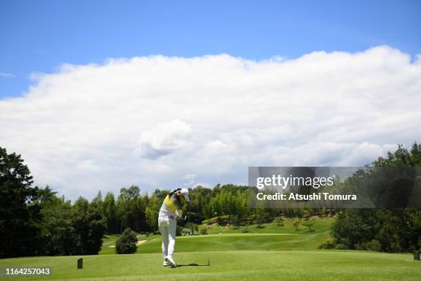 Asuka Kashiwabara of Japan hits her tee shot on the 7th hole during the first round of the Century 21 Ladies Golf Tournament at Ishizaka Golf Club on...