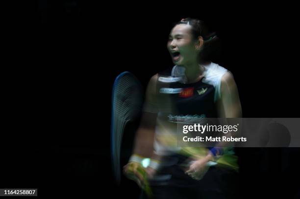 Tai Tzu Ying of Chinese Taipei reacts in the Women's Singles Quarterfinal match against Michelle Li of Canada on day four of the Daihatsu Yonex Japan...