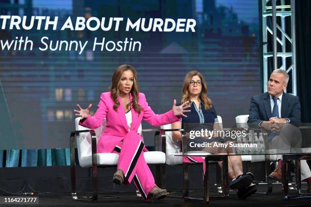 Sunny Hostin, Hilary Estey McLoughlin and Terence Noonan of Truth About Murder with Sunny Hostin speak during the Discovery segment of the Summer...