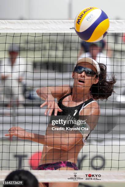 Talita Antunes of Brazil competes in the Women’s Pool D match between Talita Antunes and Taiana Lima of Brazil and Takemi Nishibori and Ayumi Kusano...