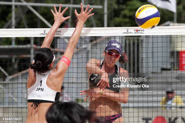 Taiana Lima of Brazil competes in the Women’s Pool D match between Talita Antunes and Taiana Lima of Brazil and Takemi Nishibori and Ayumi Kusano of...