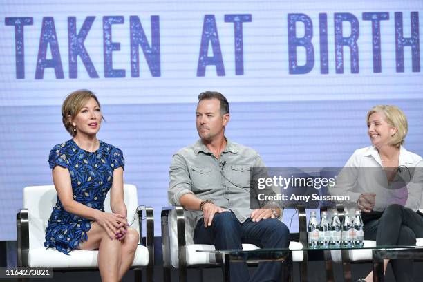 Lisa Joyner, Chris Jacobs and Jane Blasio of Taken At Birth speak during the Discovery segment of the Summer 2019 Television Critics Association...