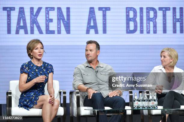 Lisa Joyner, Chris Jacobs and Jane Blasio of Taken At Birth speak during the Discovery segment of the Summer 2019 Television Critics Association...