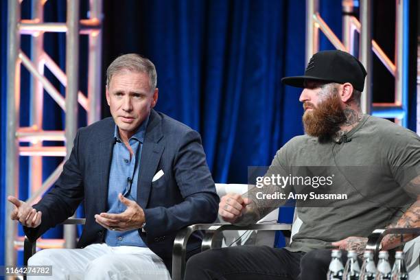 Glenn Stearns and RJ Messenger of Undercover Billionaire speak during the Discovery segment of the Summer 2019 Television Critics Association Press...