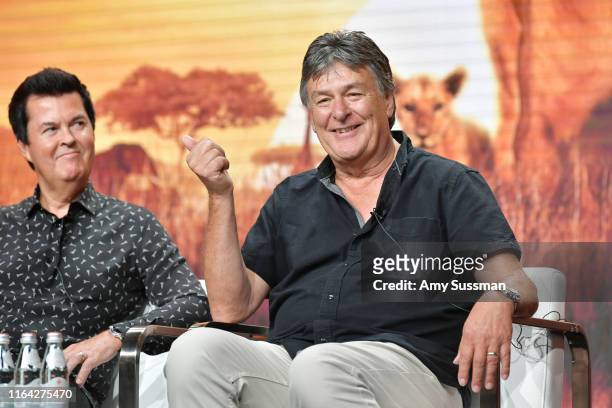 Simon Fuller and John Downer of Serengeti speak during the Discovery segment of the Summer 2019 Television Critics Association Press Tour 2019 at The...