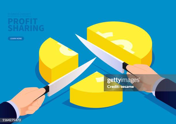 businessman hand holding a knife to divide gold coins into three - cutting cake stock illustrations