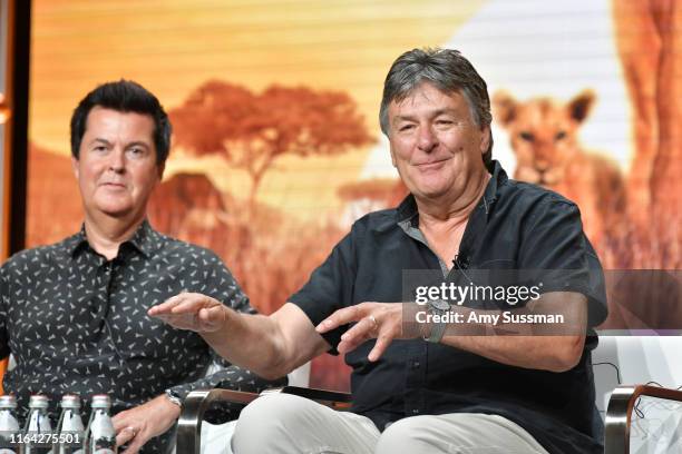 Simon Fuller and John Downer of Serengeti speak during the Discovery segment of the Summer 2019 Television Critics Association Press Tour 2019 at The...