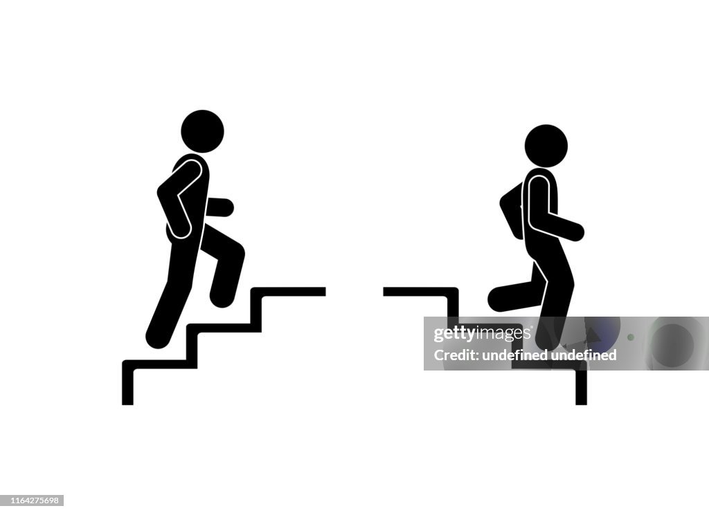Upstairs-downstairs icon sign.Man walking up the steps stick figure pictogram.
