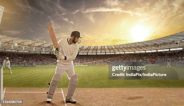 batsman defending a ball during a match in the stadium - kricketplan bildbanksfoton och bilder