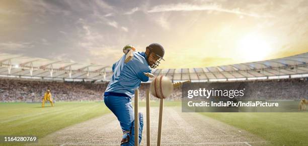 rear view of cricket ball hitting the stumps behind the batsman - cricket ball close up stock pictures, royalty-free photos & images