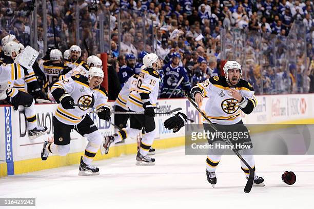 Brad Marchand of the Boston Bruins celebrates after defeating the Vancouver Canucks in Game Seven of the 2011 NHL Stanley Cup Final at Rogers Arena...