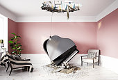 broken ceiling and falling piano