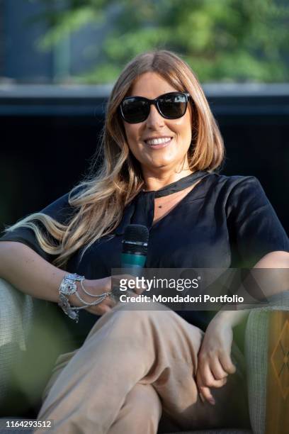 Italian writer, journalist and columnist Selvaggia Lucarelli presents her new book Falso in bilancia at the Rooftop Visionair. Milan , July 25th, 2019