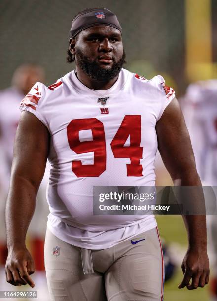 Dalvin Tomlinson of the New York Giants is seen during the preseason game against the Cincinnati Bengals at Paul Brown Stadium on August 22, 2019 in...