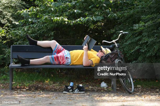 Dutch man lying on the bench reading a book at the Vondelpark during today's afternoon with a temperature of 30 degrees Celsius on August 26, 2019 in...