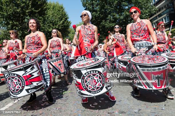 Drum band Batala performs along the streets of West London during the grand finale of the Notting Hill Carnival on 26 August, 2019 in London,...