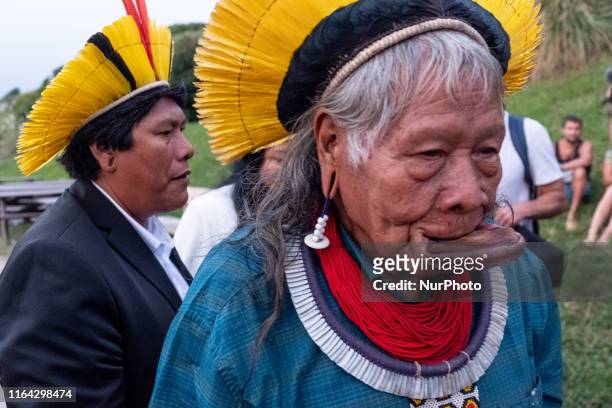 Raoni Metuktire, Grand Chief of the Kayapo people living in the heart of the indigenous territory of Capoto-Jarina in Brazil, leaves the press...