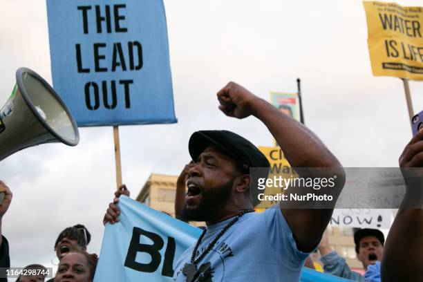 Protestors marched outside the Prudential Center in Newark, New Jersey on Monday, August 26, during the MTV Video and Music Awards to bring attention...