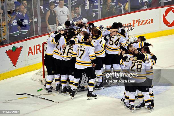 The Boston Bruins celebrates after defeating the Vancouver Canucks in Game Seven of the 2011 NHL Stanley Cup Final at Rogers Arena on June 15, 2011...