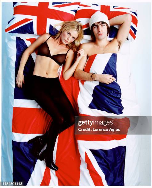 Singer Liam Gallagher and actress and model Patsy Kensit are photographed for Vanity Fair UK in 1997 in London, England. COVER IMAGE.